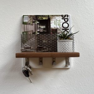 Modern walnut wood entryway organizer